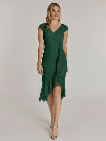 ダークグリーンマザードレス Vネック 半袖 ショートプリーツ ウェディングゲストドレス