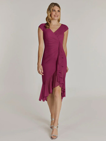 マゼンタマザードレス Vネック 半袖 ショートプリーツ ウェディングゲストドレス