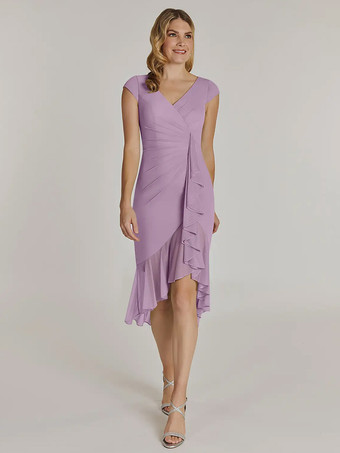 ライラックマザードレス Vネック 半袖 ショートプリーツ ウェディングゲストドレス