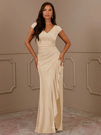 シャンパン花嫁の母親のためのパーティードレス Vネック 半袖 マーメイド プリーツ ゲストドレス 結婚式用