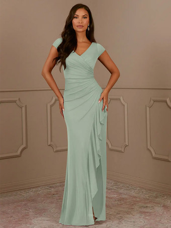 セージグリーン花嫁の母親のためのパーティードレス Vネック 半袖 マーメイド プリーツ ゲストドレス 結婚式用