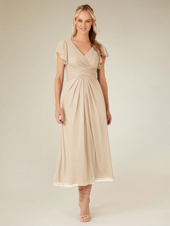 シャンパン花嫁の母親のためのパーティードレス Vネック 半袖 Aライン プリーツ ティーレングス ウェディングゲストドレス