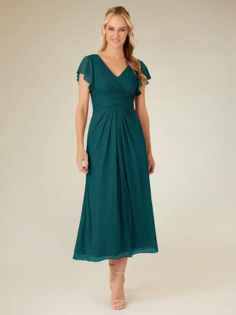 ティール花嫁の母親のためのパーティードレス Vネック 半袖 Aライン プリーツ ティーレングス ウェディングゲストドレス