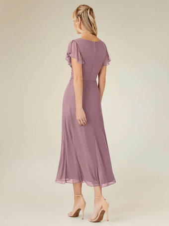 花嫁の母親のためのパーティードレス Vネック 半袖 Aライン プリーツ ティーレングス ウェディングゲストドレス