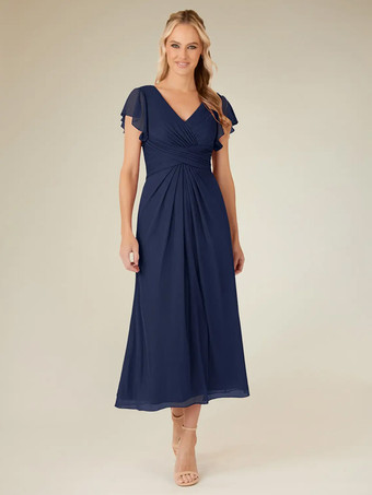 ダークネイビー花嫁の母親のためのパーティードレス Vネック 半袖 Aライン プリーツ ティーレングス ウェディングゲストドレス