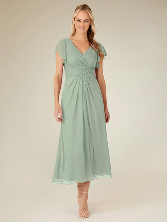 セージグリーン花嫁の母親のためのパーティードレス Vネック 半袖 Aライン プリーツ ティーレングス ウェディングゲストドレス
