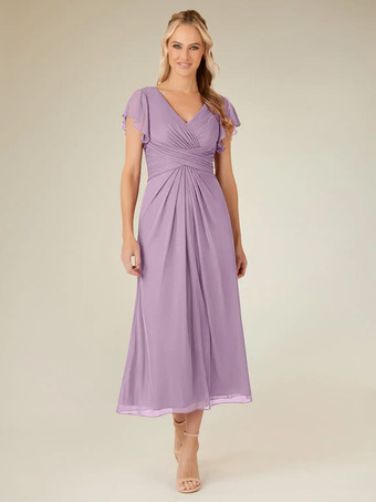 ライラック花嫁の母親のためのパーティードレス Vネック 半袖 Aライン プリーツ ティーレングス ウェディングゲストドレス