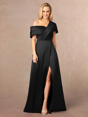 ブラック花嫁の母親のためのパーティードレス ワンショルダー 半袖 Aライン フロントスリット フロア丈 ウェディングゲストドレス