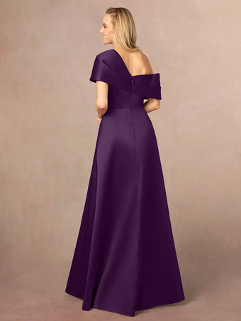 花嫁の母親のためのパーティードレス ワンショルダー 半袖 Aライン フロントスリット フロア丈 ウェディングゲストドレス