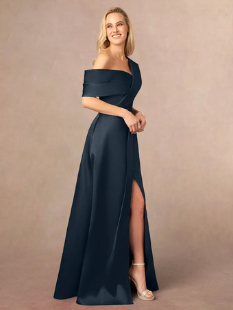 花嫁の母親のためのパーティードレス ワンショルダー 半袖 Aライン フロントスリット フロア丈 ウェディングゲストドレス