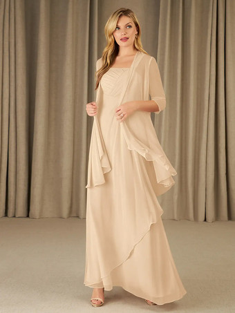 シャンパンマザードレス スクエアネック ハーフスリーブ ツーピース アップリケ ゲストドレス 結婚式用