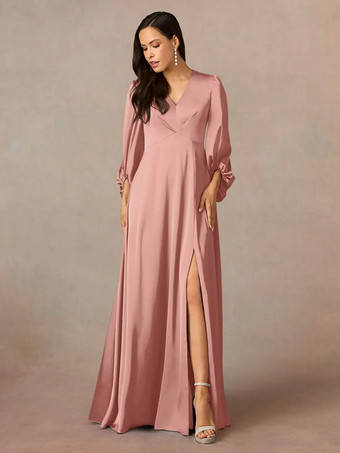 ピンクマザードレス Vネック 7分袖 Aライン プリーツ フロアレングス ウェディングゲストドレス