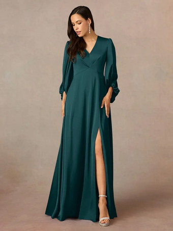 ターコイズグリーンマザードレス Vネック 7分袖 Aライン プリーツ フロアレングス ウェディングゲストドレス