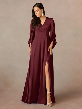 バーガンディーマザードレス Vネック 7分袖 Aライン プリーツ フロアレングス ウェディングゲストドレス