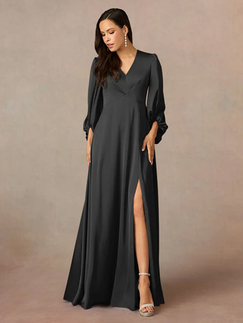 ブラックマザードレス Vネック 7分袖 Aライン プリーツ フロアレングス ウェディングゲストドレス