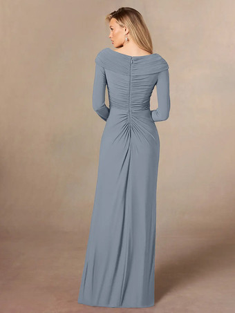 花嫁の母親のためのパーティードレス Vネック 長袖 マーメイド プリーツ フロアレングス ウェディングゲストドレス