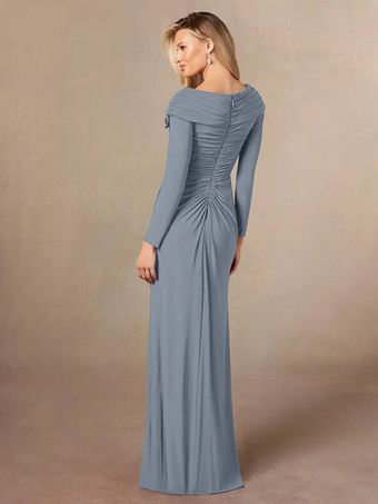 花嫁の母親のためのパーティードレス Vネック 長袖 マーメイド プリーツ フロアレングス ウェディングゲストドレス