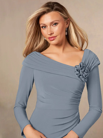 花嫁の母親のためのパーティードレス Vネック 長袖 マーメイド プリーツ フロアレングス ウェディングゲストドレス