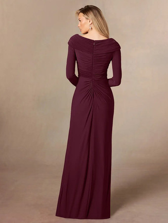 花嫁の母親のためのパーティードレス Vネック 長袖 マーメイド プリーツ フロアレングス ウェディングゲストドレス