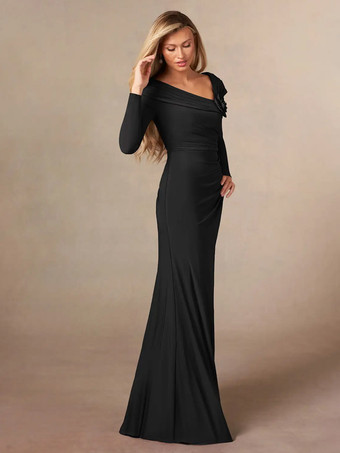 花嫁の母親のためのパーティードレス Vネック 長袖 マーメイド プリーツ フロアレングス ウェディングゲストドレス