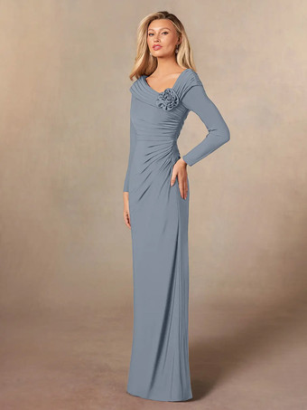 花嫁の母親のためのパーティードレス Vネック 長袖 マーメイド プリーツ フロアレングス ウェディングゲストドレス