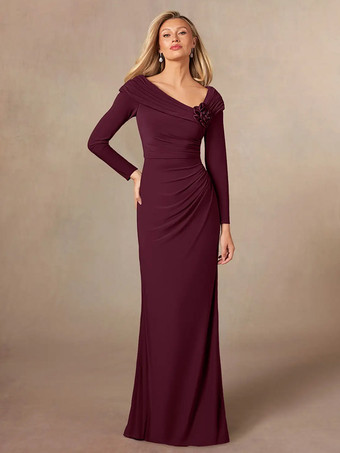バーガンディー花嫁の母親のためのパーティードレス Vネック 長袖 マーメイド プリーツ フロアレングス ウェディングゲストドレス