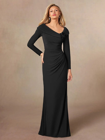 ブラック花嫁の母親のためのパーティードレス Vネック 長袖 マーメイド プリーツ フロアレングス ウェディングゲストドレス