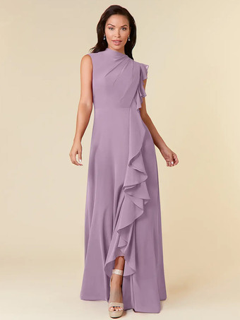 ライラックマザードレス ハイカラー ノースリーブ Aライン プリーツ ウェディングゲストドレス