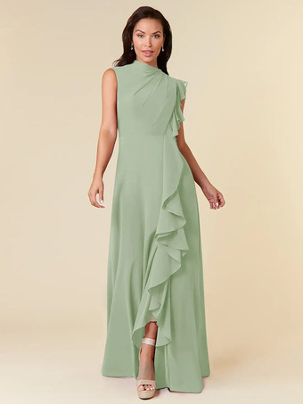 セージグリーンマザードレス ハイカラー ノースリーブ Aライン プリーツ ウェディングゲストドレス
