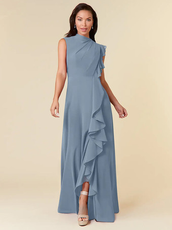 グレーブルーマザードレス ハイカラー ノースリーブ Aライン プリーツ ウェディングゲストドレス