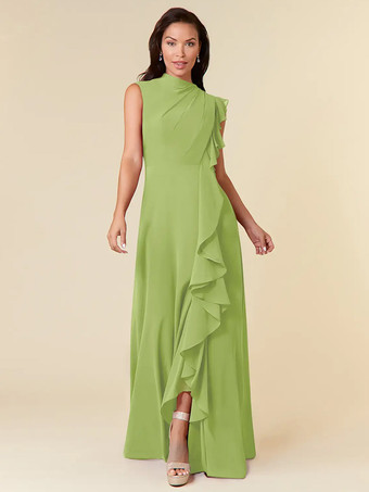 アボカドグリーンマザードレス ハイカラー ノースリーブ Aライン プリーツ ウェディングゲストドレス