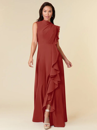 ブリックレッドマザードレス ハイカラー ノースリーブ Aライン プリーツ ウェディングゲストドレス