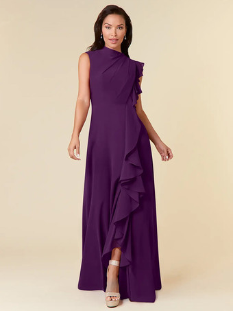 プラムマザードレス ハイカラー ノースリーブ Aライン プリーツ ウェディングゲストドレス