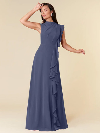 スレートグレー マザードレス ハイカラー ノースリーブ Aライン プリーツ ウェディングゲストドレス