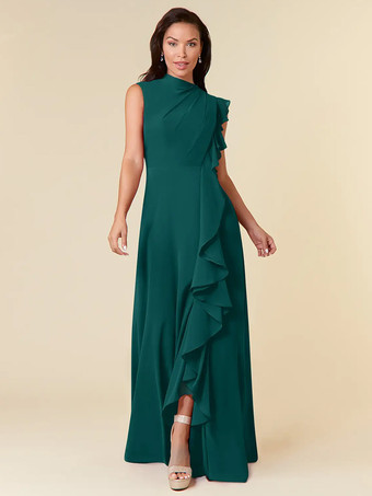 ブルーグリーンマザードレス ハイカラー ノースリーブ Aライン プリーツ ウェディングゲストドレス