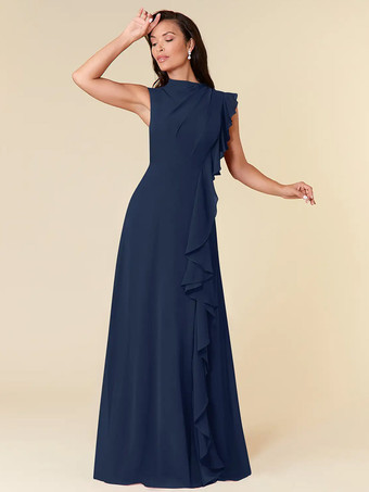 ダークネイビーマザードレス ハイカラー ノースリーブ Aライン プリーツ ウェディングゲストドレス