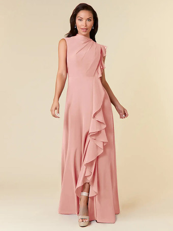 カメオピンクマザードレス ハイカラー ノースリーブ Aライン プリーツ ウェディングゲストドレス