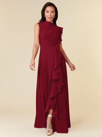 バーガンディーマザードレス ハイカラー ノースリーブ Aライン プリーツ ウェディングゲストドレス