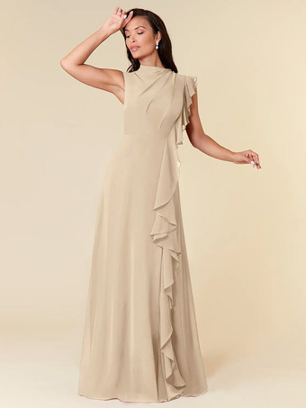 シャンパンマザードレス ハイカラー ノースリーブ Aライン プリーツ ウェディングゲストドレス