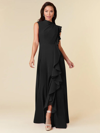 ブラックマザードレス ハイカラー ノースリーブ Aライン プリーツ ウェディングゲストドレス