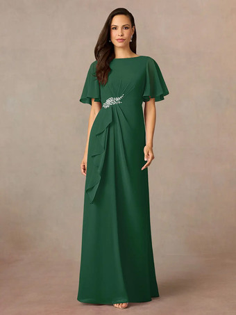 ダークグリーン花嫁の母親のためのパーティードレス ジュエルネック 半袖 Aライン プリーツ ウェディングゲストドレス