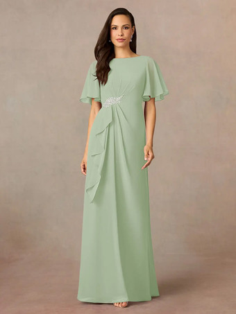 セージグリーン花嫁の母親のためのパーティードレス ジュエルネック 半袖 Aライン プリーツ ウェディングゲストドレス