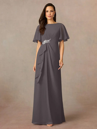 グレイ花嫁の母親のためのパーティードレス ジュエルネック 半袖 Aライン プリーツ ウェディングゲストドレス