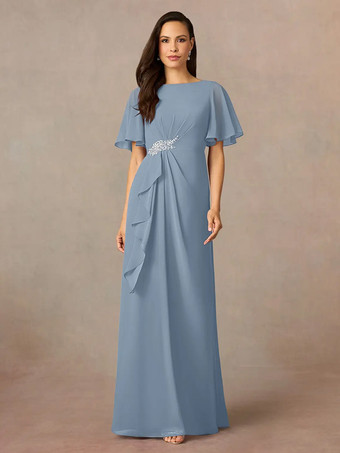 グレーブルー花嫁の母親のためのパーティードレス ジュエルネック 半袖 Aライン プリーツ ウェディングゲストドレス