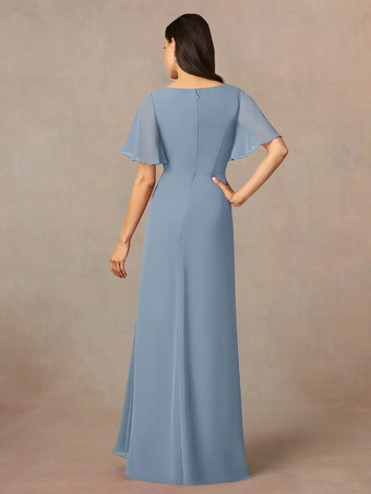 花嫁の母親のためのパーティードレス ジュエルネック 半袖 Aライン プリーツ ウェディングゲストドレス