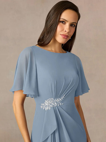 花嫁の母親のためのパーティードレス ジュエルネック 半袖 Aライン プリーツ ウェディングゲストドレス