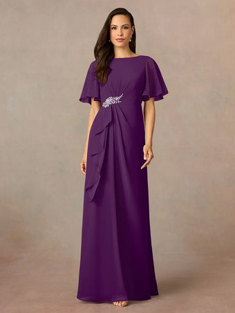 プラム花嫁の母親のためのパーティードレス ジュエルネック 半袖 Aライン プリーツ ウェディングゲストドレス