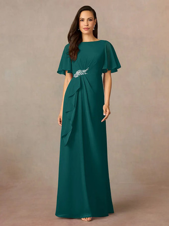 ブルーグリーン花嫁の母親のためのパーティードレス ジュエルネック 半袖 Aライン プリーツ ウェディングゲストドレス