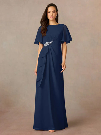 ダークネイビー花嫁の母親のためのパーティードレス ジュエルネック 半袖 Aライン プリーツ ウェディングゲストドレス