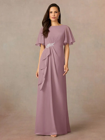 サーモンピンク花嫁の母親のためのパーティードレス ジュエルネック 半袖 Aライン プリーツ ウェディングゲストドレス